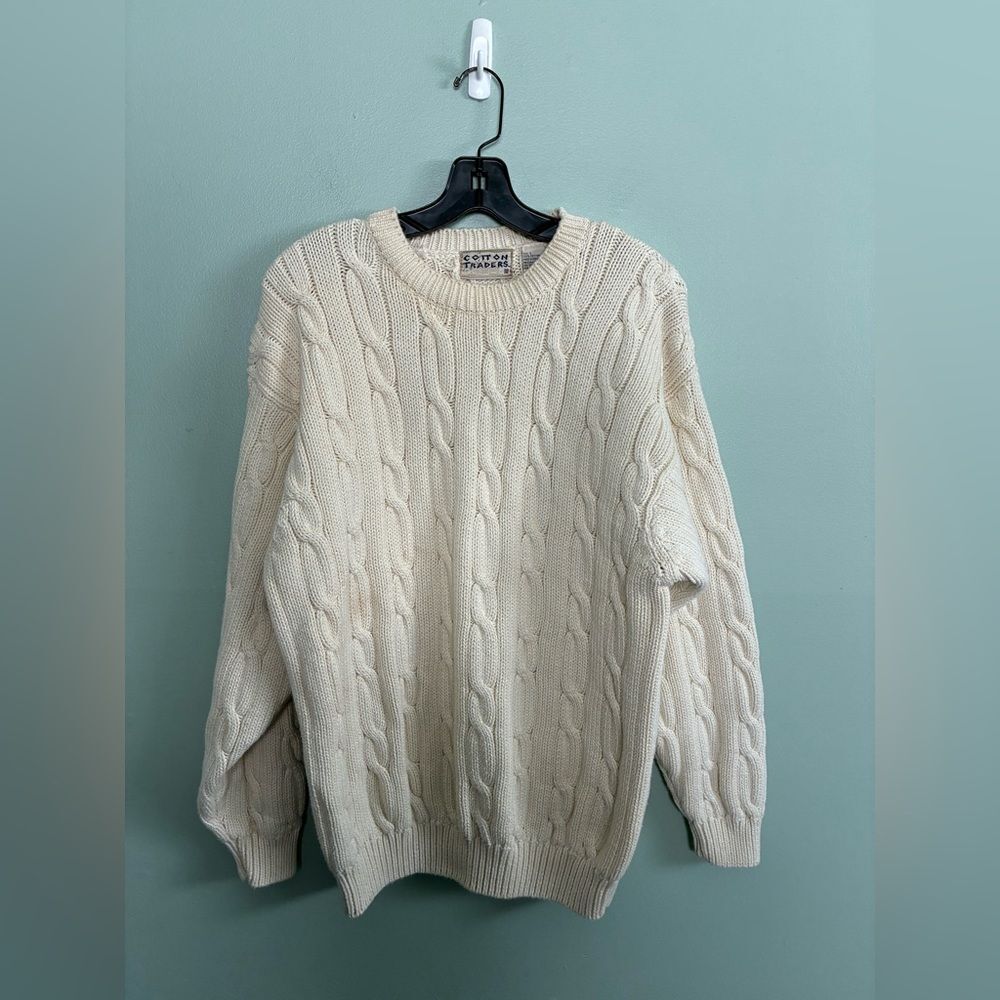 VTG Cotton Traders Women’s Cotton Oversized Cream Cable Knit Crew Sweater Sz L
